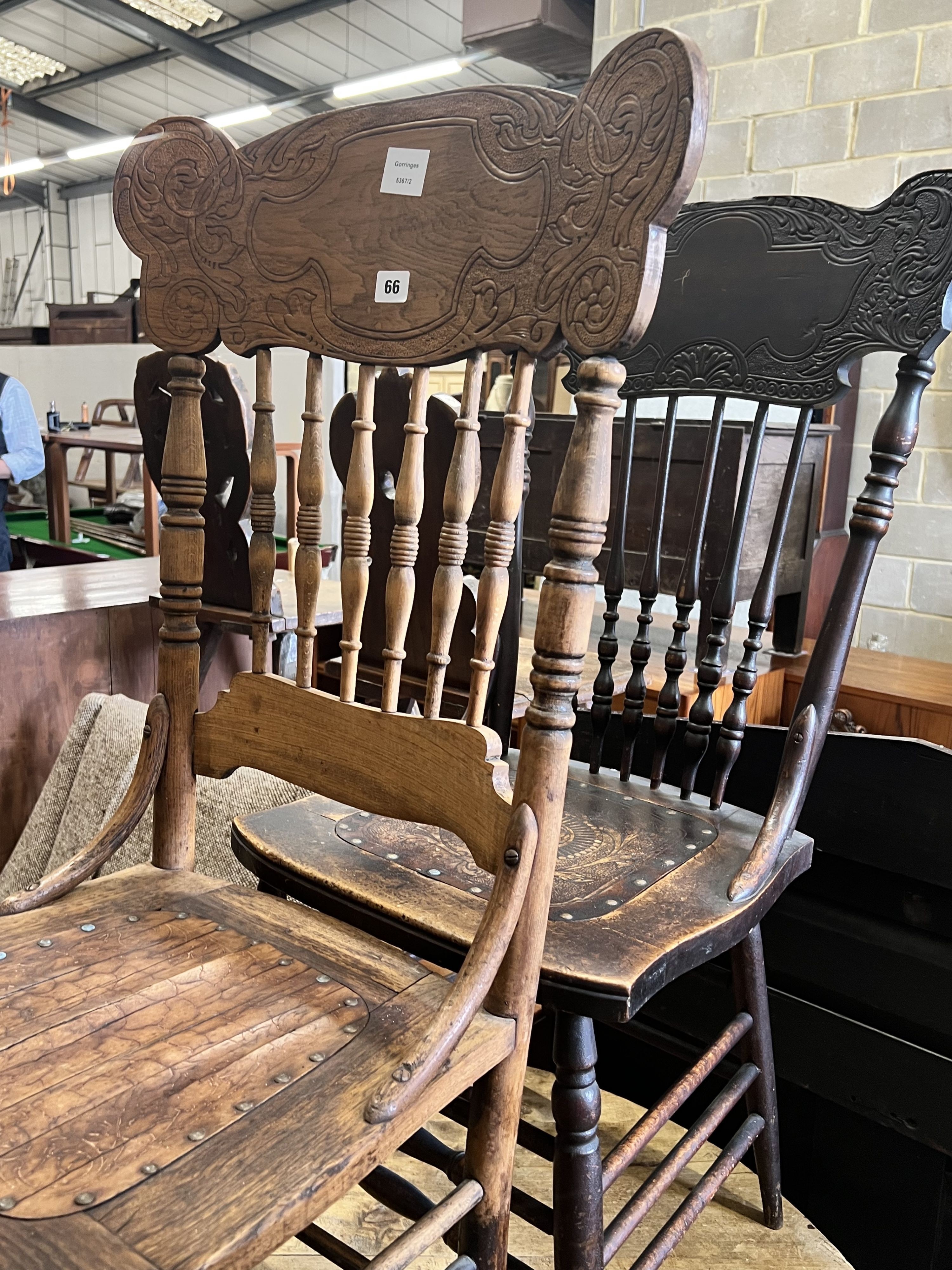 Two American stick back wood seat chairs